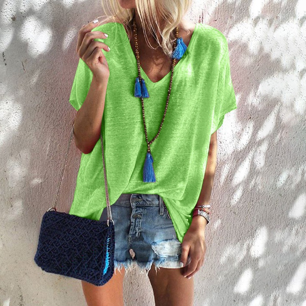 Plus Size Loose Fit V Neck Short Sleeve T Shirt for Women Summer Candy Colors Casual Wear Ready to Ship