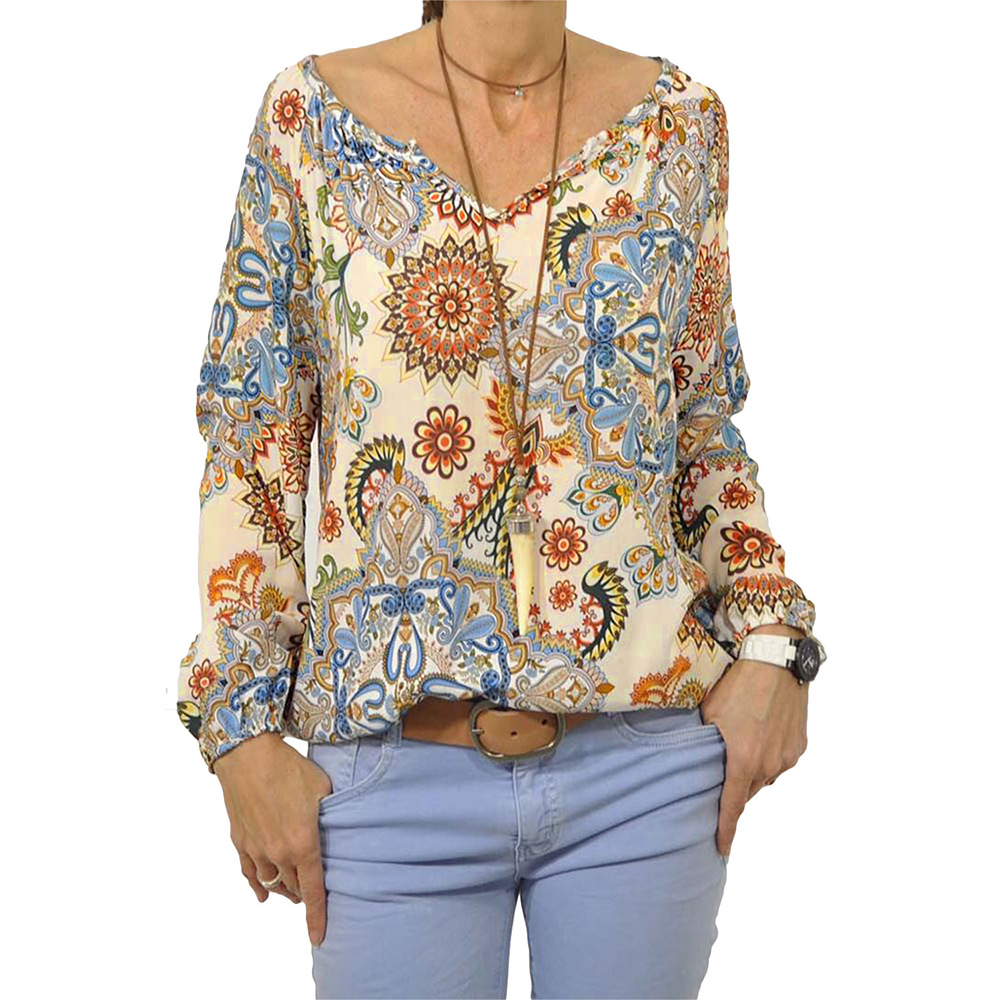 Vintage Floral Print Womens Loose Fit V Neck Long Sleeve Top Autumn Style Casual Wear Wholesale Available