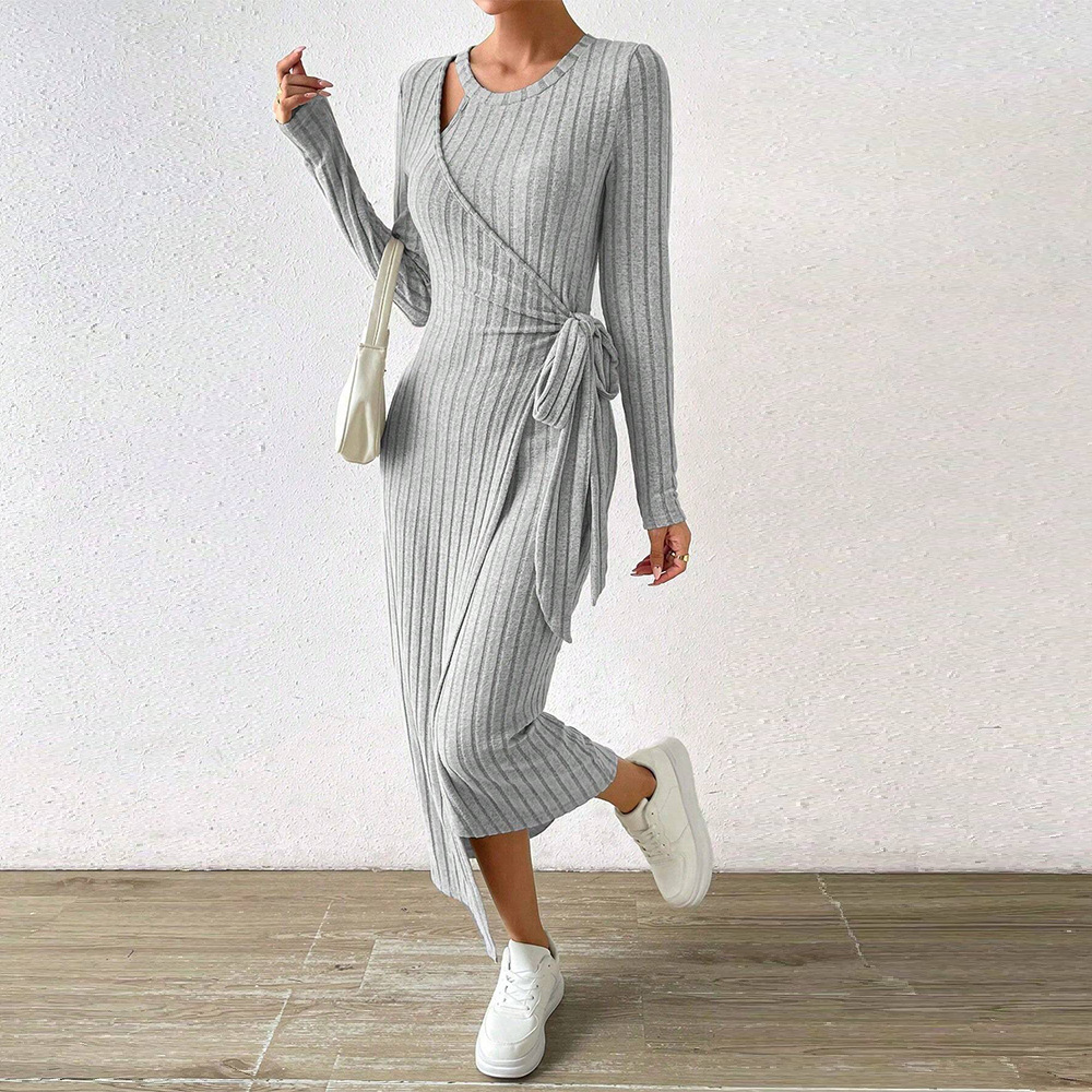 Knitted Grey Dress Irregular Hem Long Silhouette Autumn Winter Style Wholesale Womens Fashion Apparel