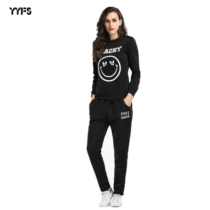 Womens Two Piece Set Smiley Face Print Round Neck Sweatshirt Long Pants Casual Sportswear for Fall and Winter