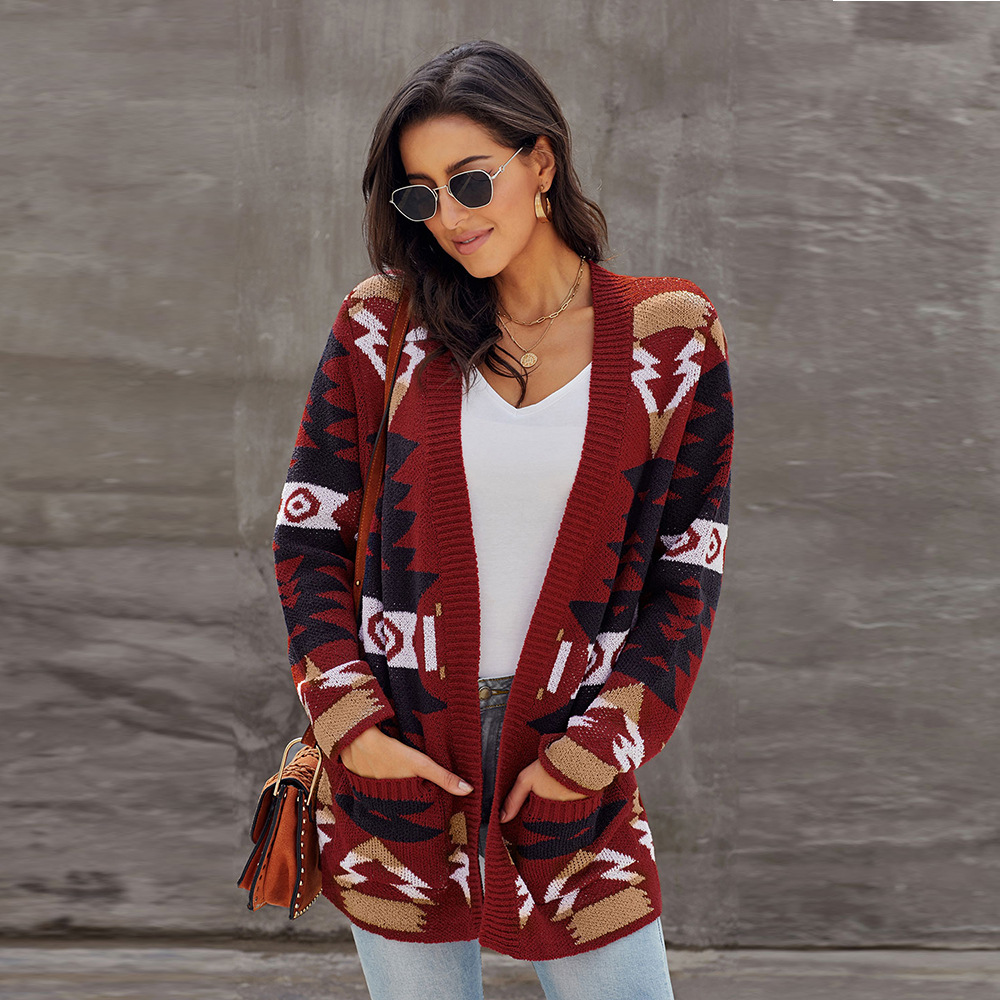Womens Long Cardigan Sweater Winter Geometric Pattern Loose Fit Knit Fabric Wholesale Supply Available