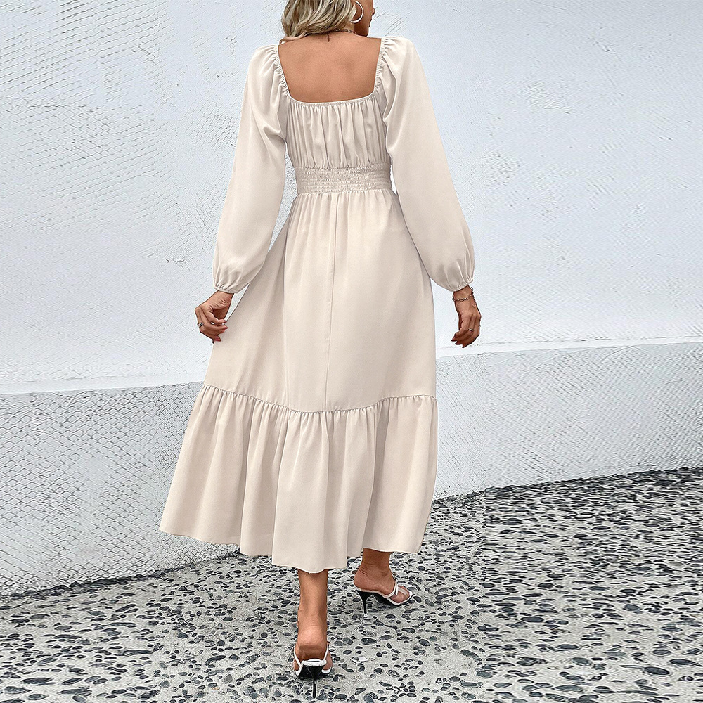 Autumn and Winter New Waist Slimming Large Flared Long Sleeve Square Neck Elegant Commuter Long Dress