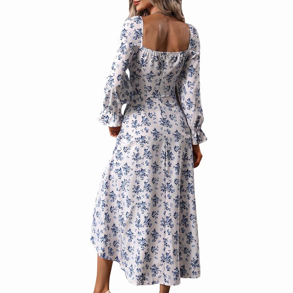 Floral Print Maxi Dress Square Neck High Waist Elegant Style Autumn Winter Collection Wholesale Available