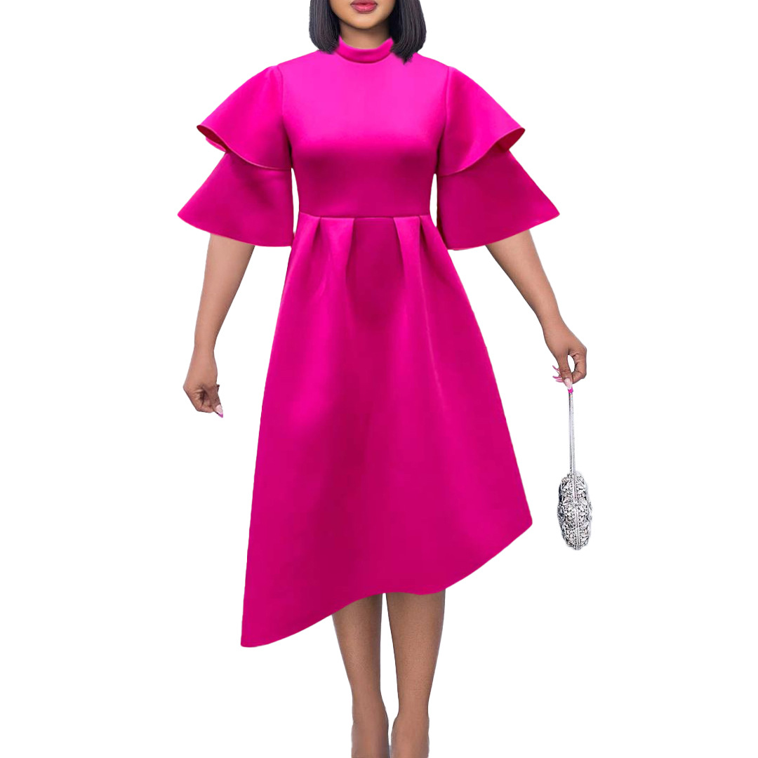 New Women's Dress with Double High Neck, Solid Color, Flared Skirt, Plus Size, Evening Gown