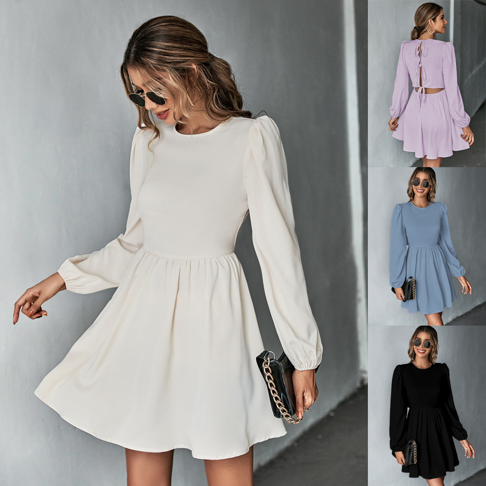 Fresh Sweet Waist Cinching A Line Dress with Sexy Back and Long Puff Sleeves