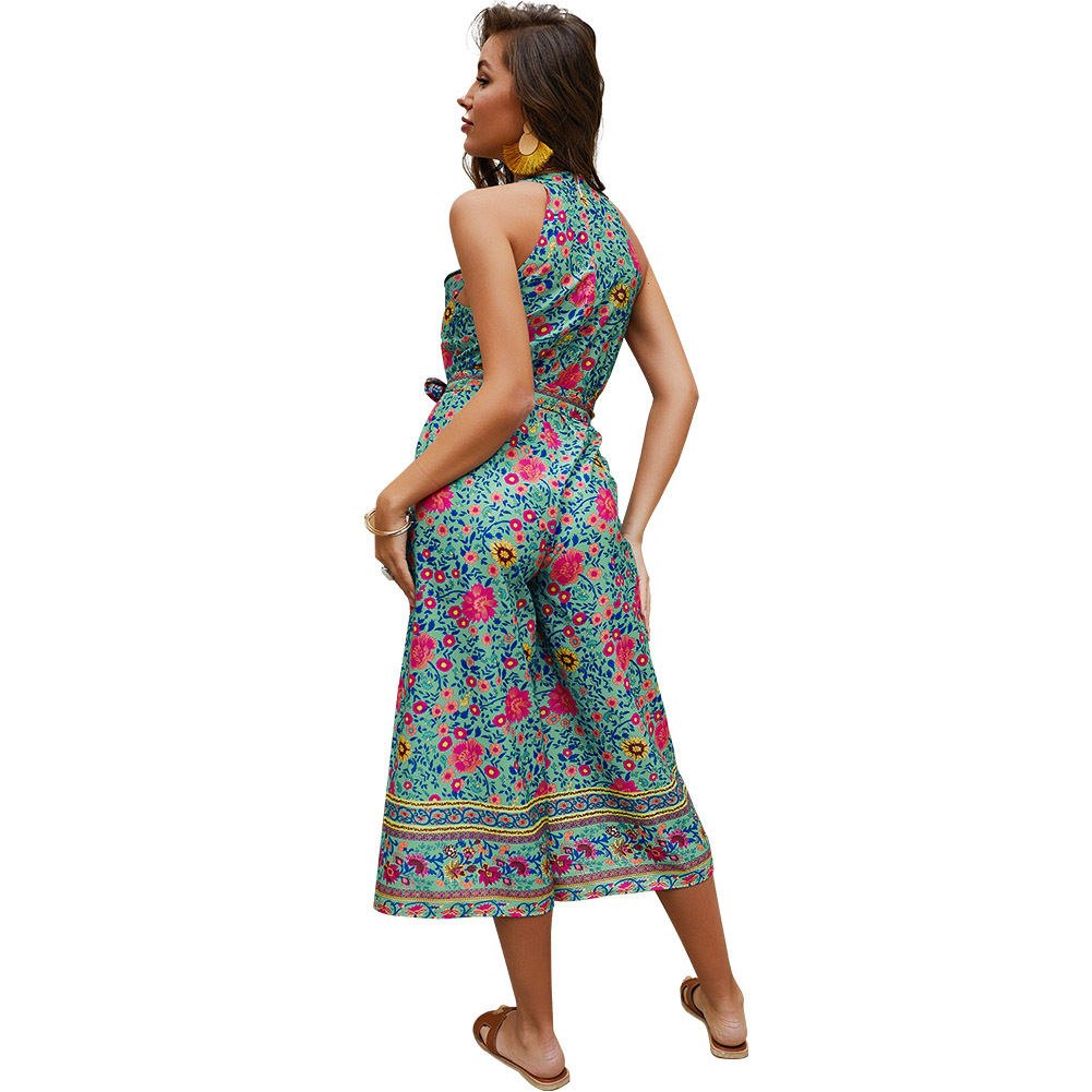Summer Vacation Style Halter Neck Jumpsuit Unique Print Adjustable Tie Comfortable Fit Wholesale Available