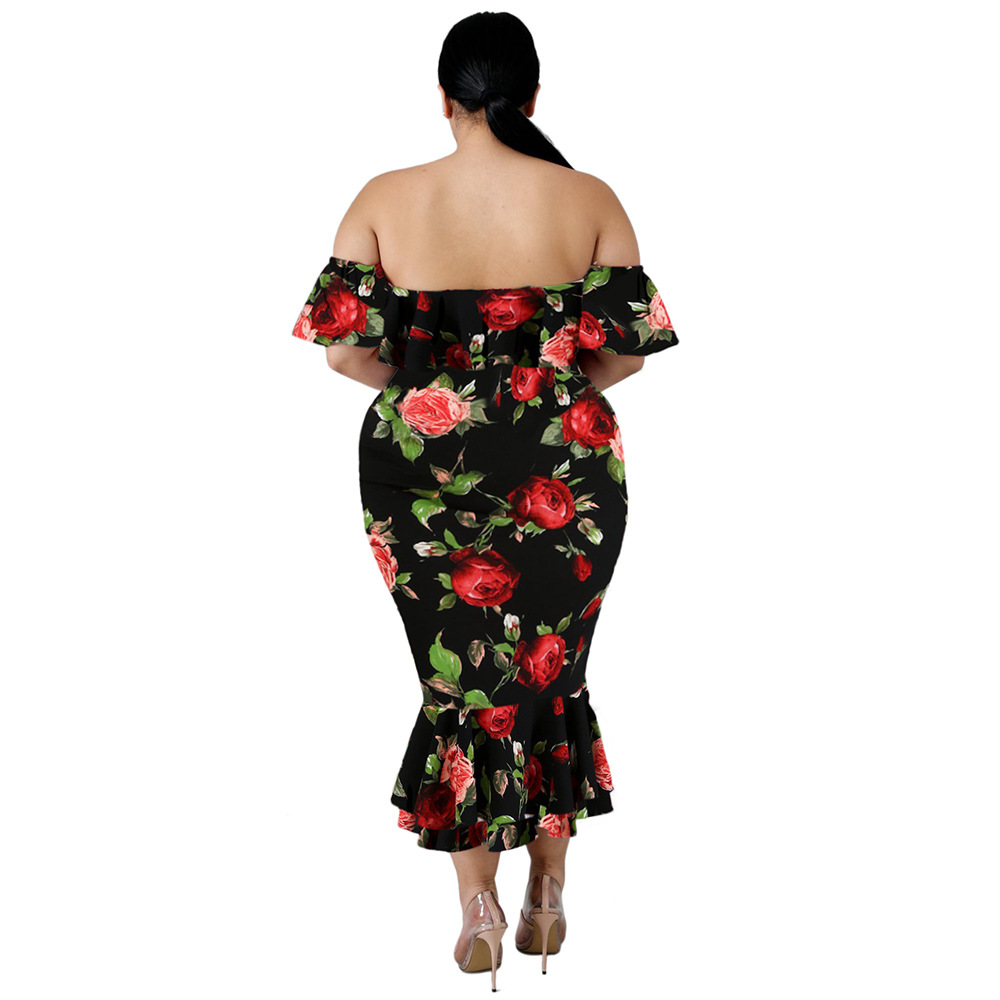 Summer Floral Print Ruffle Off Shoulder Dress Sexy Short Sleeve Mermaid Hem Plus Size Evening Party Wear Wholesale