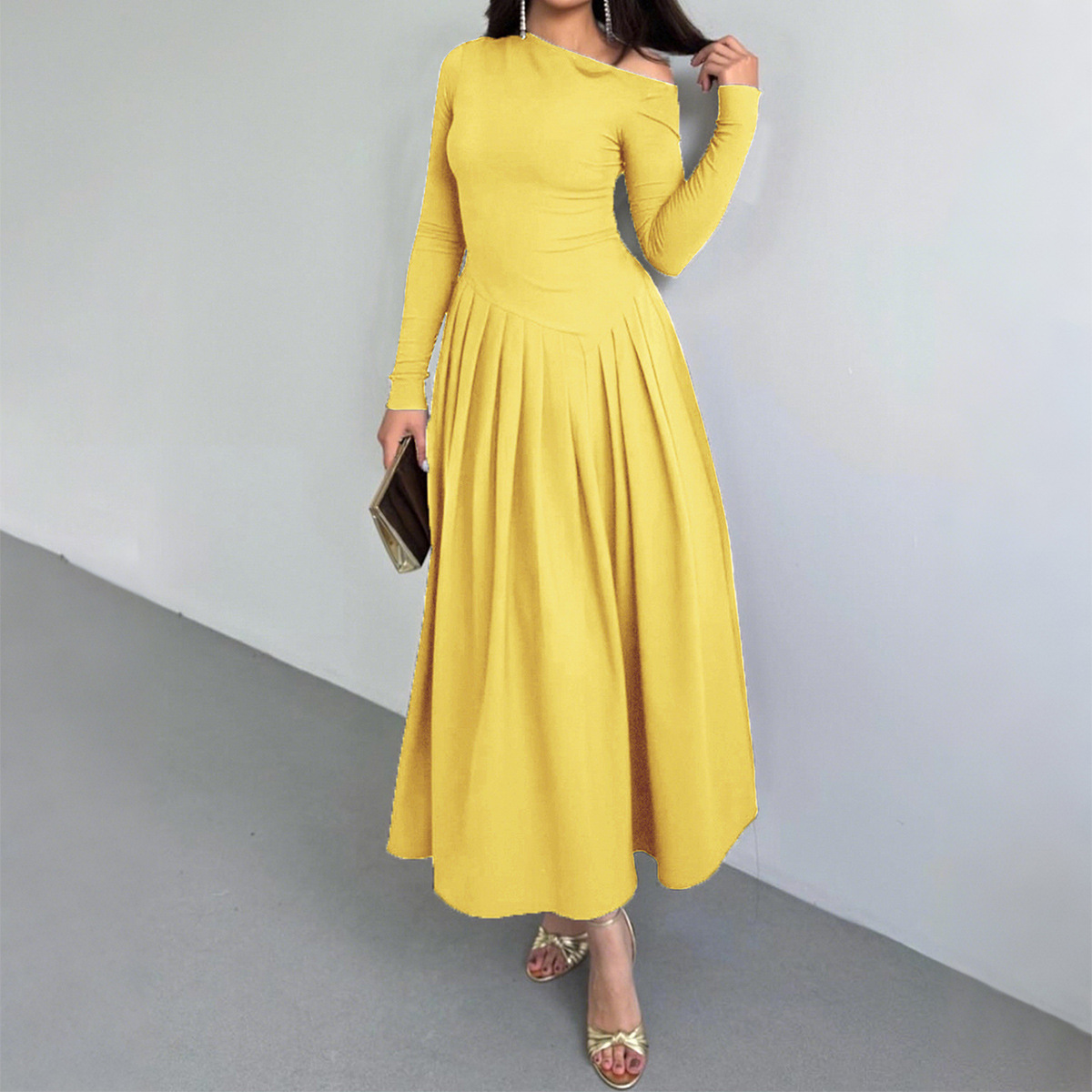 Elegant High Waist Long Sleeve Long Dress for Women Autumn Winter