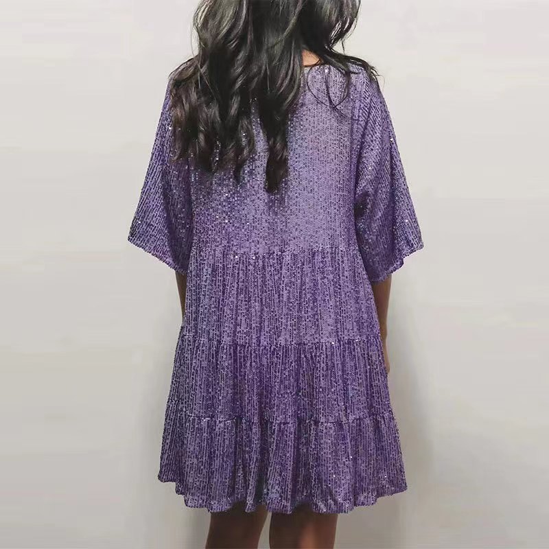 Sequin A Line Mini Dress Round Neck Short Sleeve Loose Fit Party Wear Evening Gown Wholesale Available