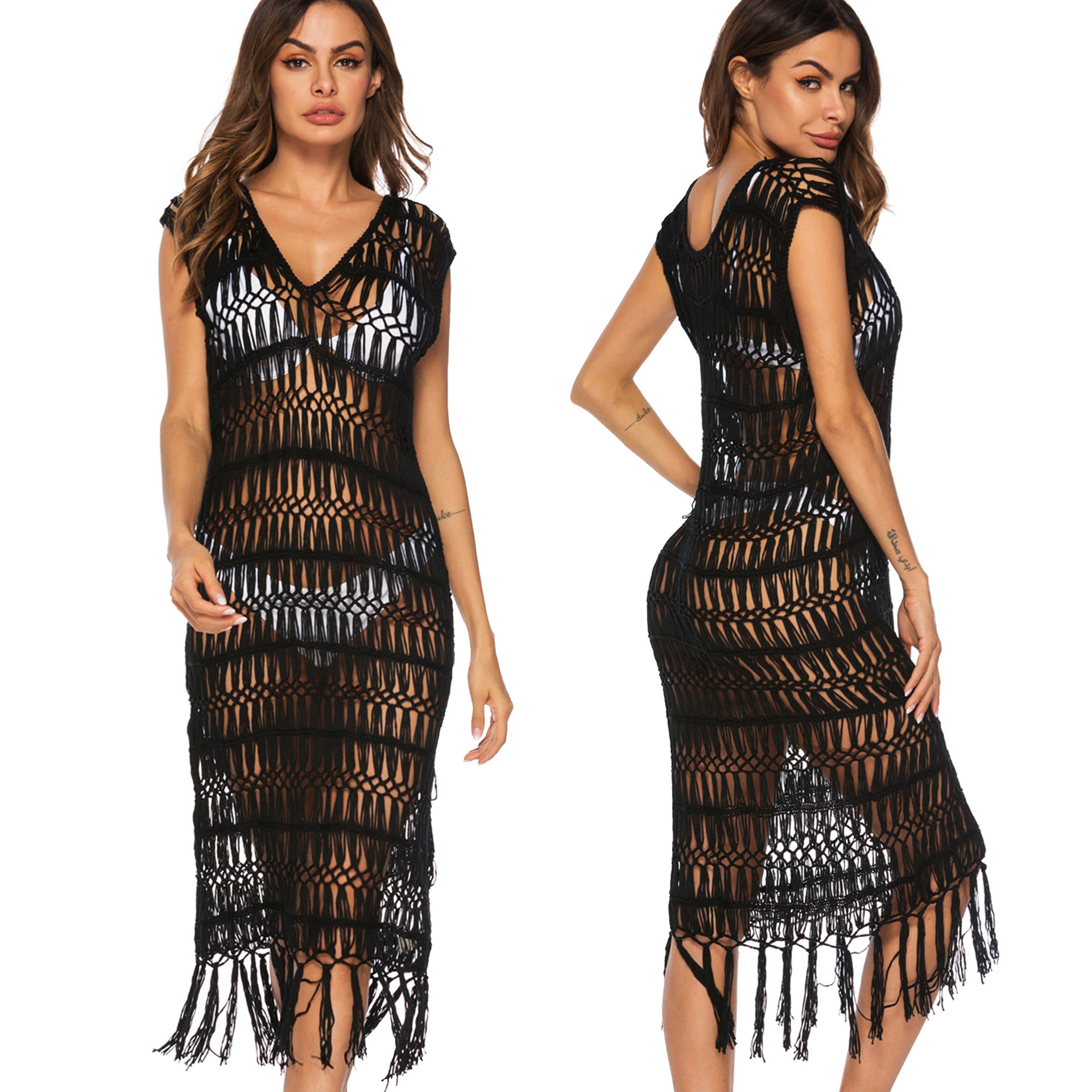 Sexy Hollow Out Deep V Neck Sleeveless Beach Dress with Fringe Lightweight Sheer Fabric Perfect for Swimwear Cover Up