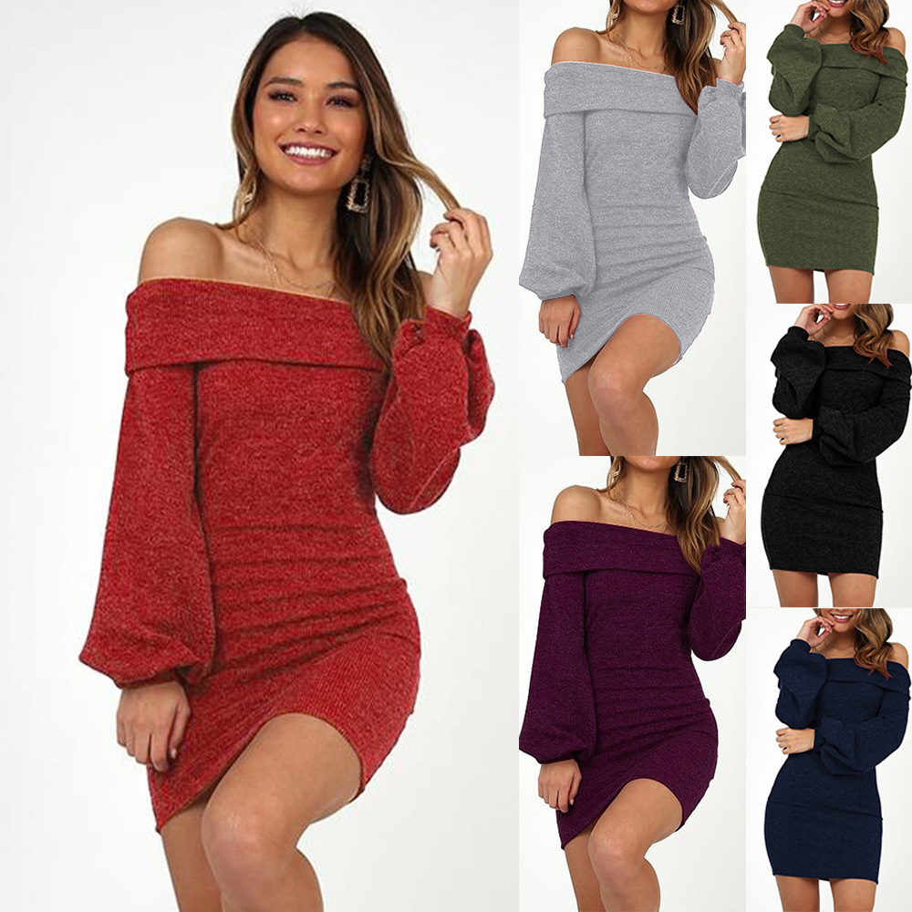 Long Sleeve Bodycon Dress Off Shoulder Neckline Slim Fit Available in 4 Colors Winter Fashion Wholesale