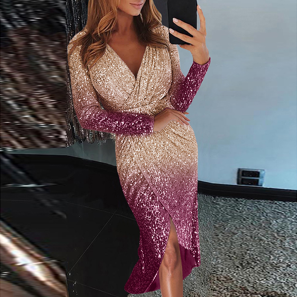 Sequin Evening Dress Color Block V Neck Long Sleeve High Slit Birthday Party or Formal Event Wholesale Available