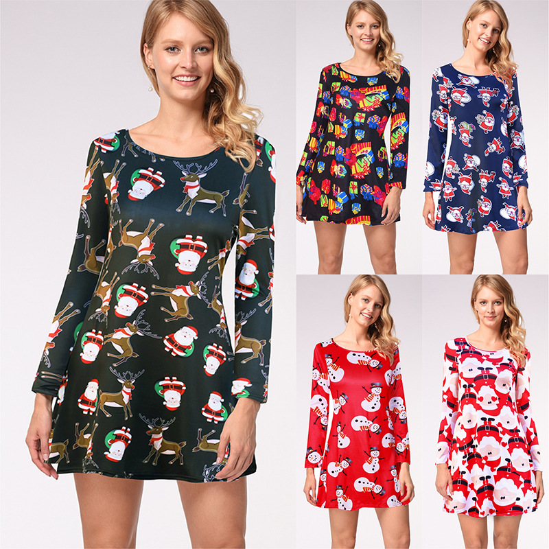 Long Sleeve Printed Dress Casual Style Autumn Winter Christmas Occasion Wholesale Available ready to ship