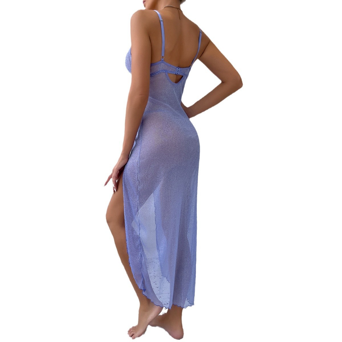 Romantic Pearl Shell Iridescent Purple High Waisted Split Leg Sexy Cami Maxi Dress Lightweight Mesh Fabric Party Wear