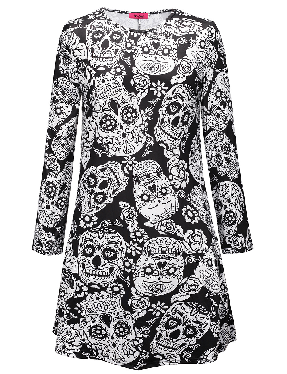 Womens Long Sleeve Halloween Dress Pumpkin Skull Print Round Neck Comfortable Fabric Autumn Winter Collection