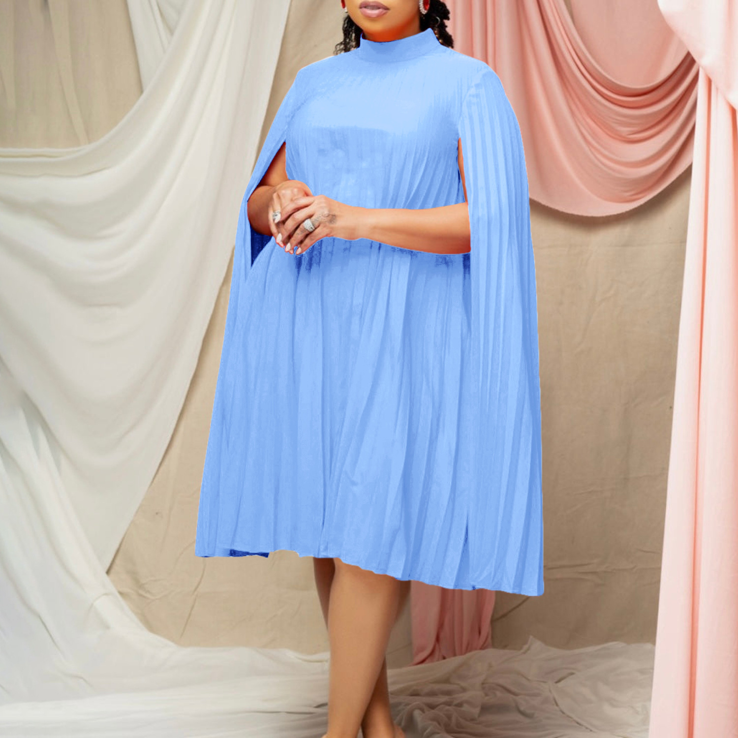 European and American Women's Fashion Loose Fit Cape Pleated Batwing Sleeve Dress for Spring