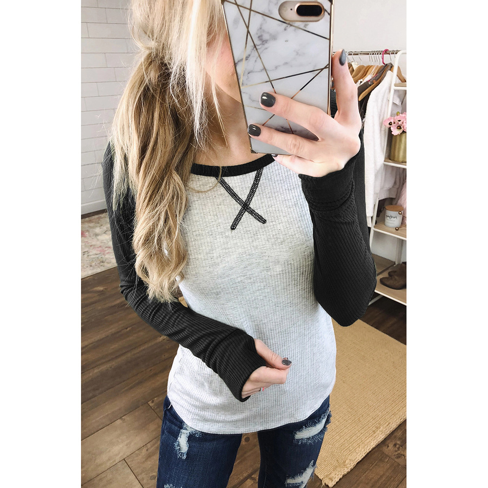 Womens Slim Fit Color Block Long Sleeve T Shirt with Thumb Holes Versatile Layering Top for Spring and Autumn Wholesale