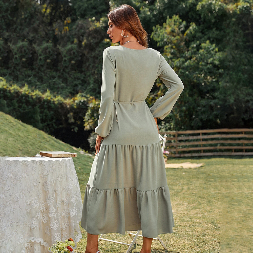 Spring Summer New Loose Casual Home Waist Slimming Long Sleeve Ruffle Dress Mid length Dress for Women