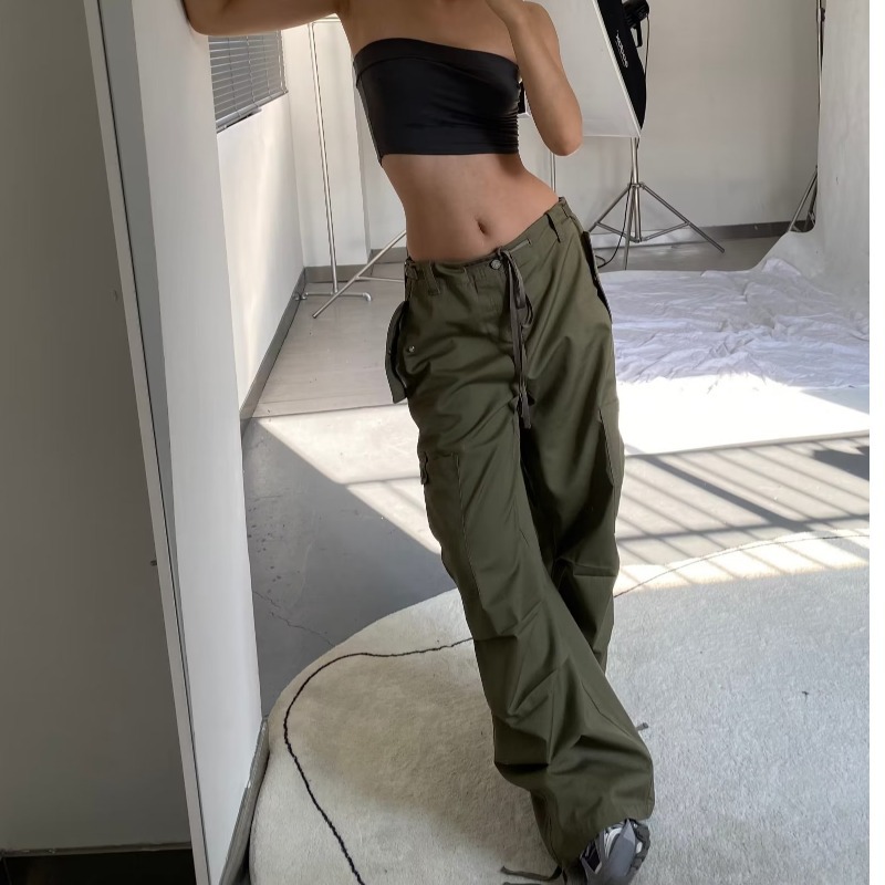 Vintage American Style Multi Pocket Cargo Pants for Women Loose Fit Drawstring Cuffs Casual Streetwear Wholesale