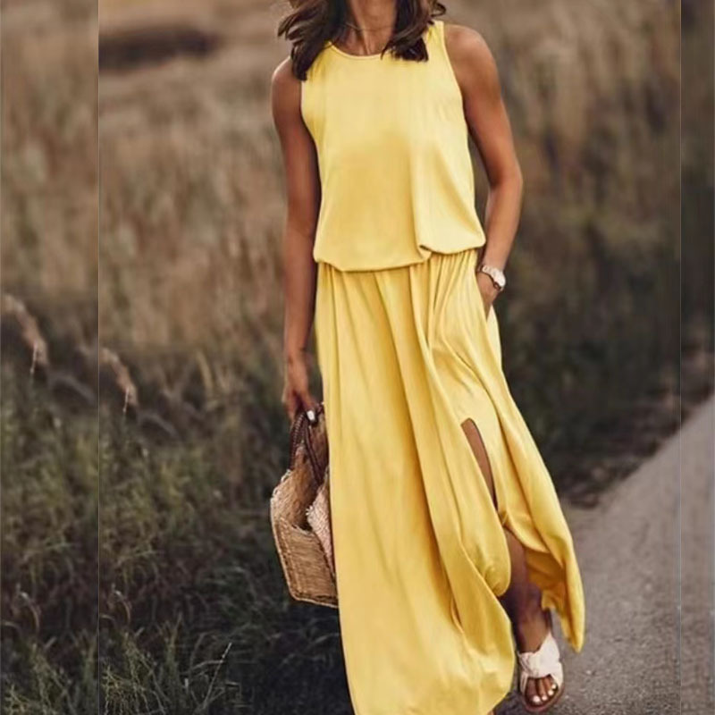 Summer New European and American Vacation Style Solid Color Round Neck Sleeveless Spaghetti Strap Lantern Split Long Dress