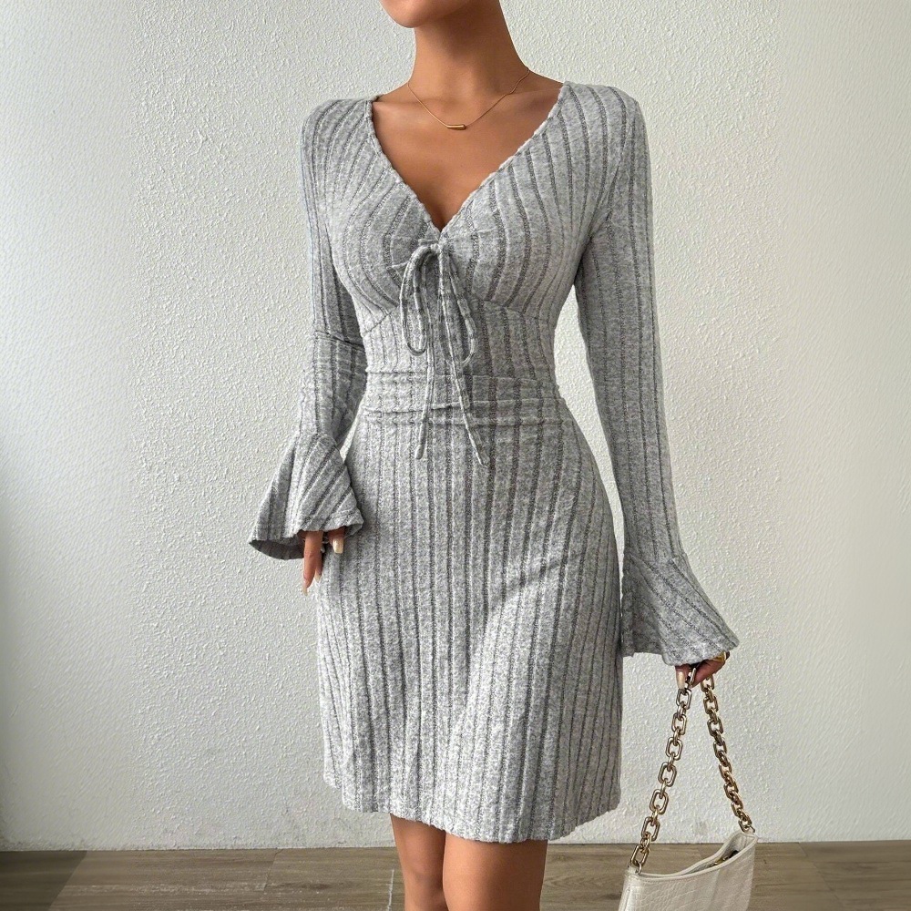 Elegant Gray Flared Sleeve Dress Slim Fit Minimalist Design Autumn Winter Style Wholesale Available