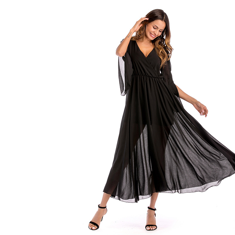 Womens Chiffon Maxi Dress Deep V Neck Color Block Flowy Design Spring Summer Fashion Wholesale Available
