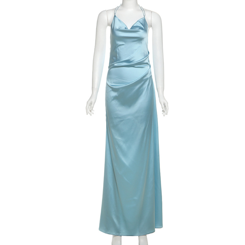 New Spring Women's Fashion Sexy Backless Solid Color Long Dress with Neck Hanging 3D Decoration for Trendy Style