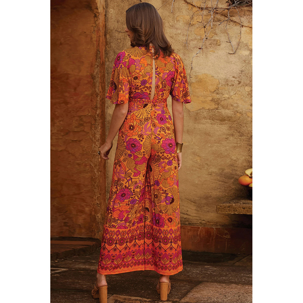Vintage Floral Jumpsuit for Women V Neck Short Sleeve Loose Fit High Waist Wide Leg Summer Casual Wear