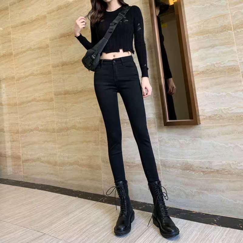 High Waisted Womens Black Skinny Jeans Slim Fit Stretch Fabric Pencil Style Perfect for Spring and Autumn