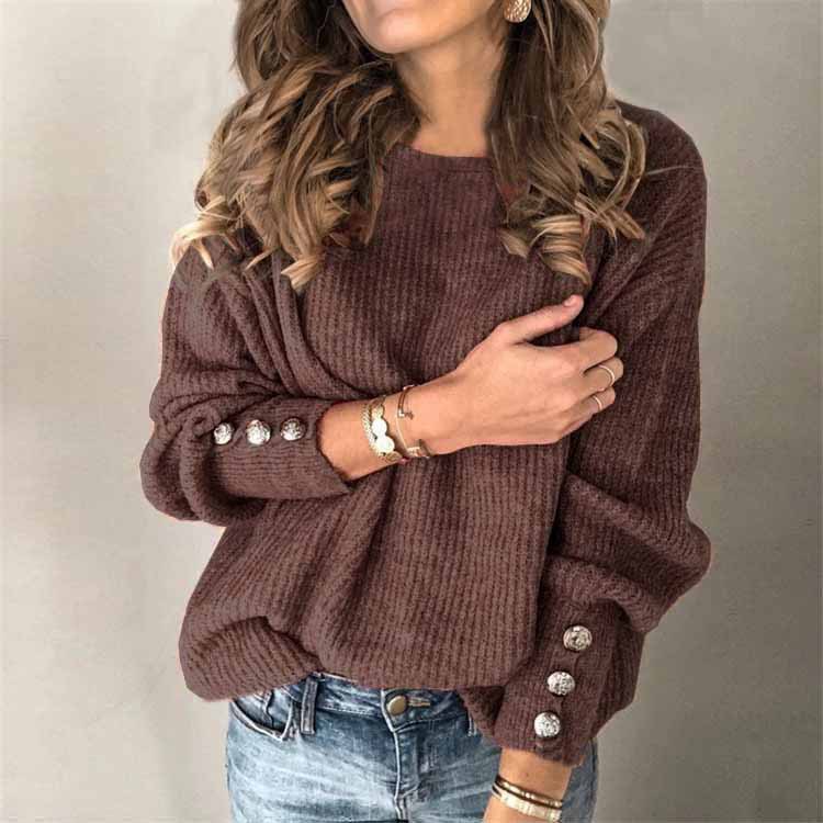 Womens Long Sleeve Knit Top Round Neck Button Detail Comfortable Fabric Casual Wear for Spring and Autumn