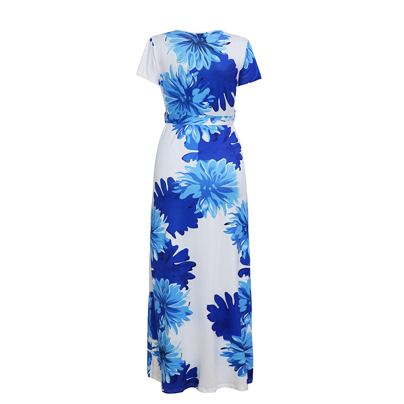 Womens Floral Print Maxi Dress Short Sleeve Round Neck Tie Detail Beachwear for Spring Summer Wholesale Available