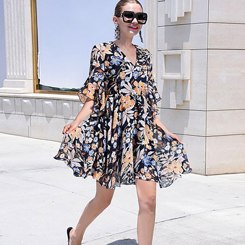 Plus Size Chiffon Floral Dress Loose Fit V Neck Waist Cinching Casual Wear for Petite Women Ready to Ship