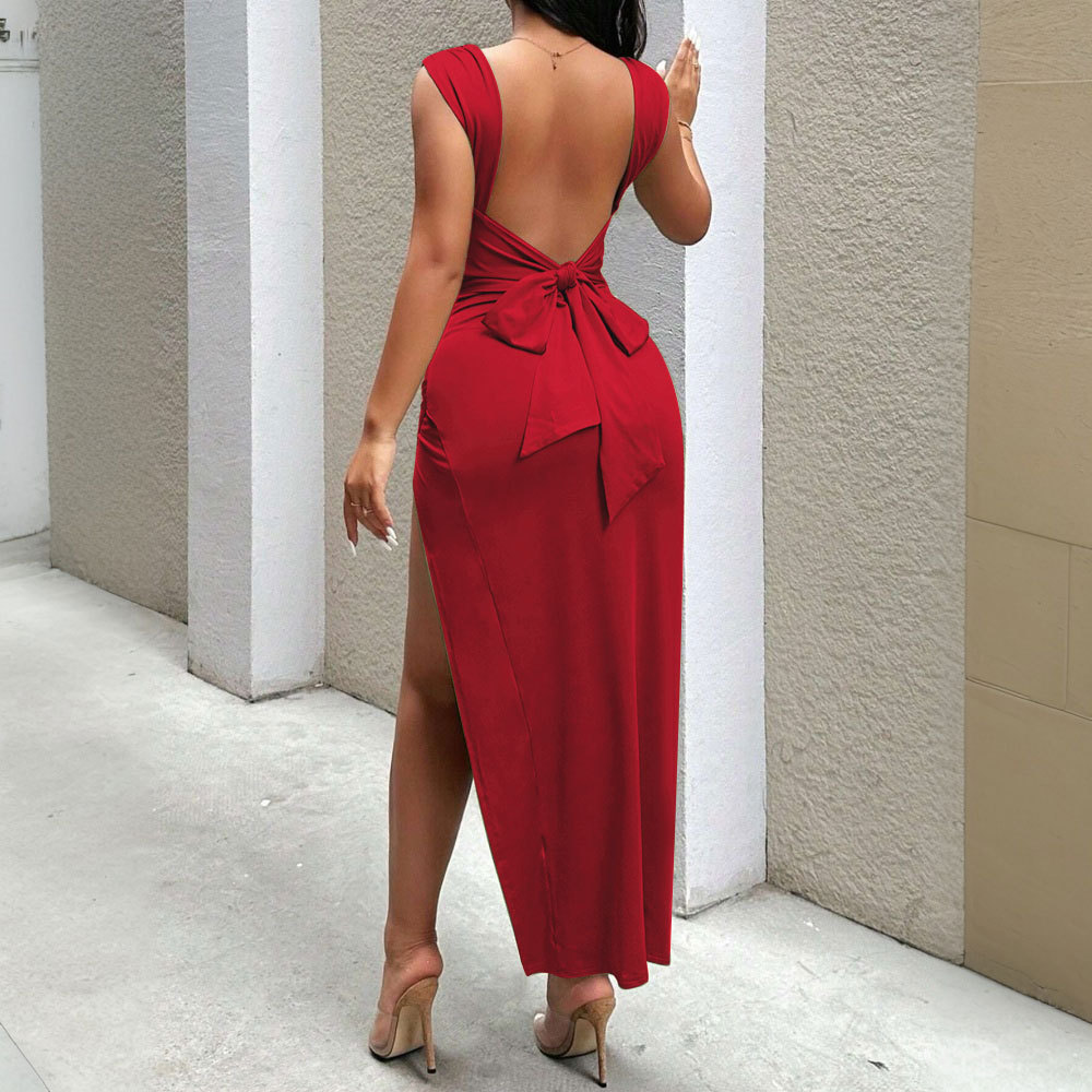 Elegant Red Backless Midi Dress Sexy Fit Spring Summer Collection Perfect for Parties and Special Occasions Wholesale