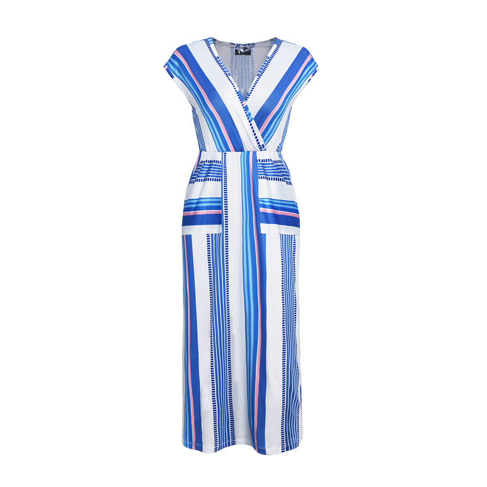 Sleeveless V Neck Blue and White Striped Maxi Dress Loose Fit High Waist Spring Summer Style Wholesale Available