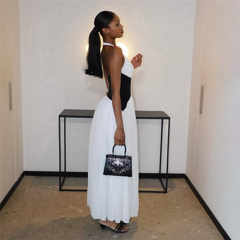 Stylish Summer Women's Dress with V Neck, Halter Neck, Color Block Design, and Waist Cinching Long Skirt for Cross Border Fash