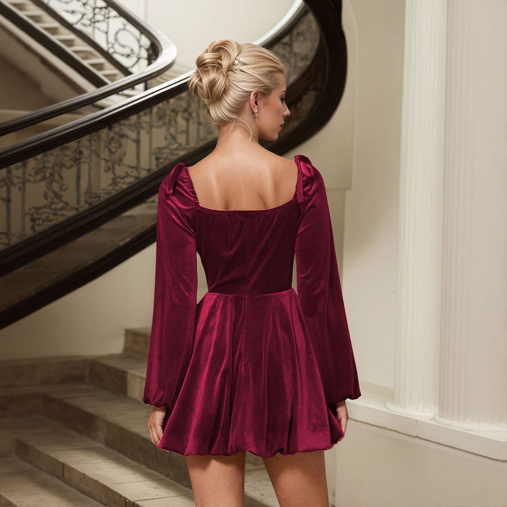 Womens Burgundy High Waisted Dress French Style Autumn Winter Velvet Fabric Party Gathering Wholesale Available