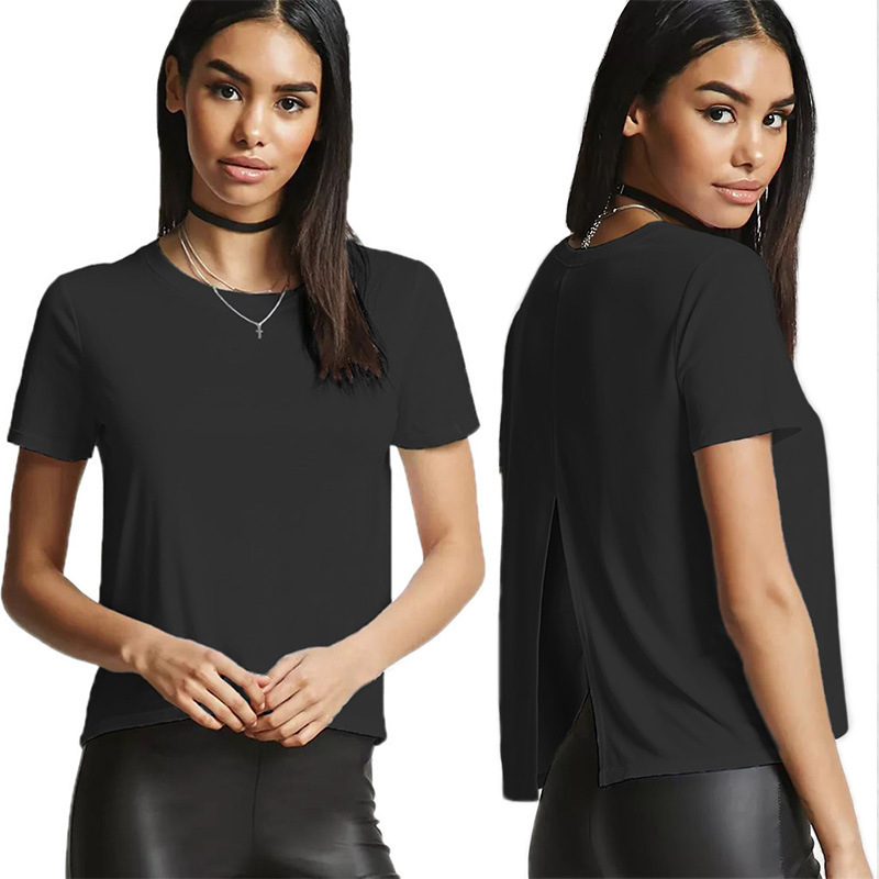 Womens Summer T Shirt Casual Short Sleeve Loose Fit Solid Color Round Neck Side Split Perfect for Everyday Wear