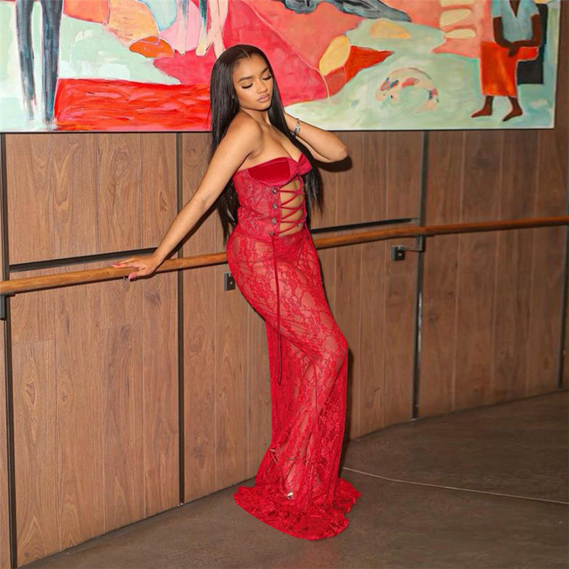 New Women's Winter Dress, Sexy Strapless Lace Sheer Bodycon Long Skirt, Trendy European and American Style for Fashionable Lad