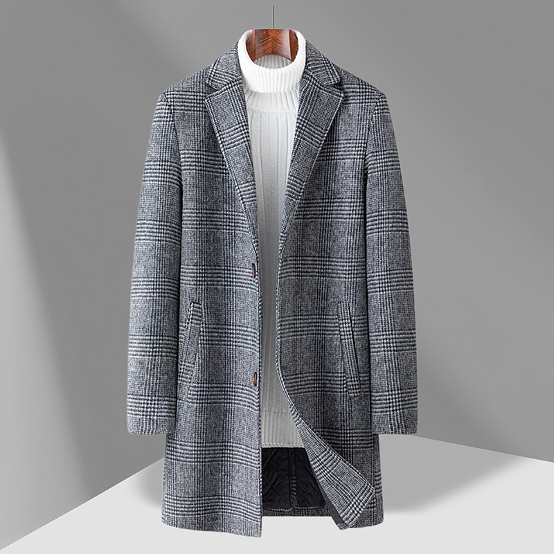 Mens Mid Length Plaid Wool Blend Overcoat Thickened Warm Stylish Perfect for Autumn and Winter Wholesale Available