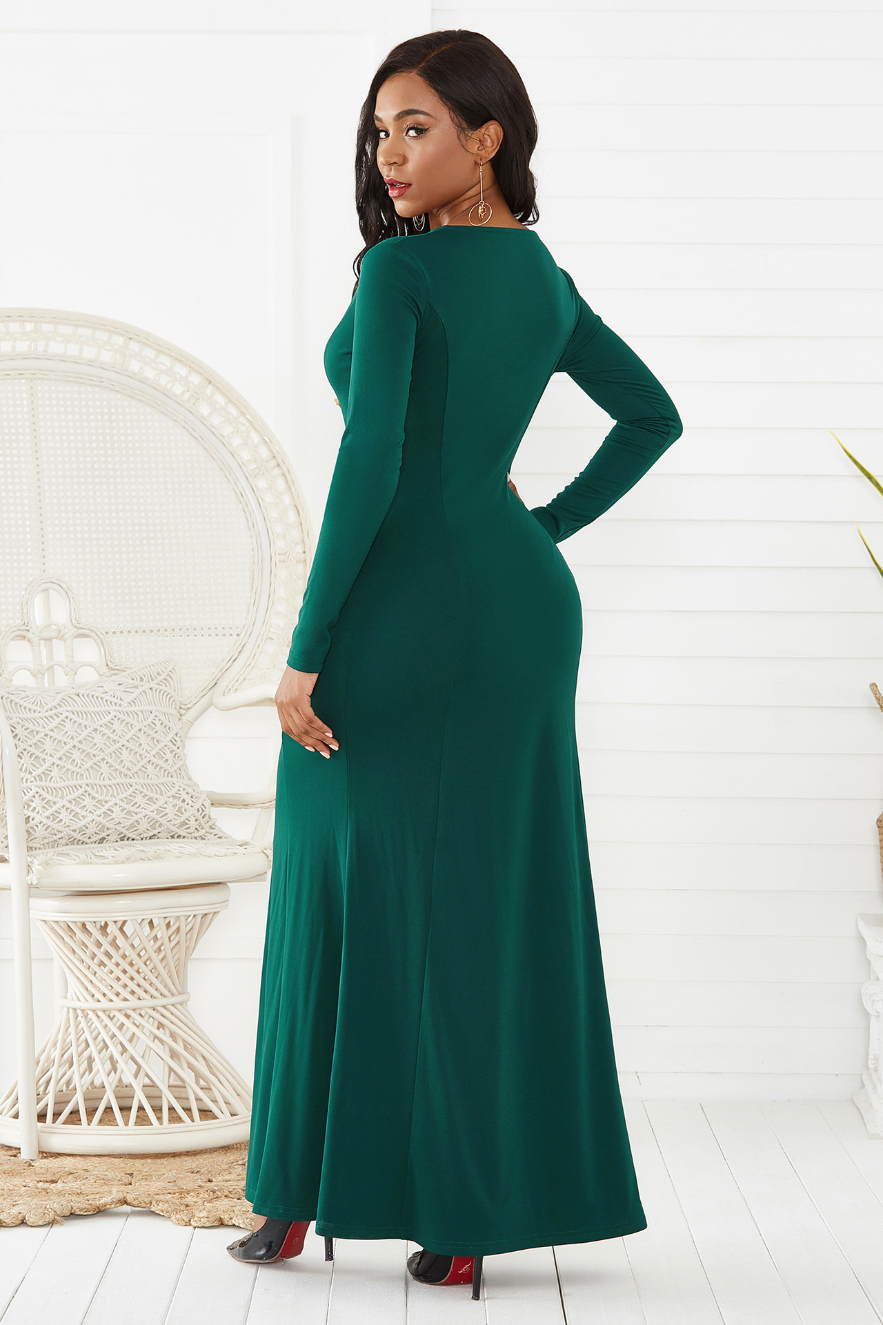 Elegant Solid Color Long Sleeve Bodycon Dress V Neck High Slit Party Wear Wholesale Available