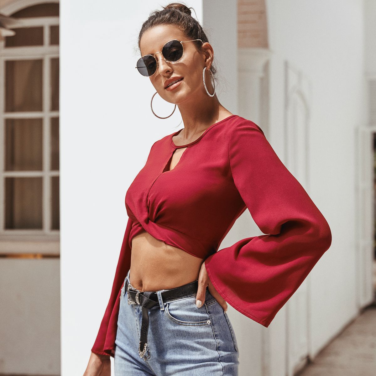 Womens Flare Sleeve Round Neck T Shirt Elegant Design Comfortable Fabric Versatile Style Perfect for Casual Wear