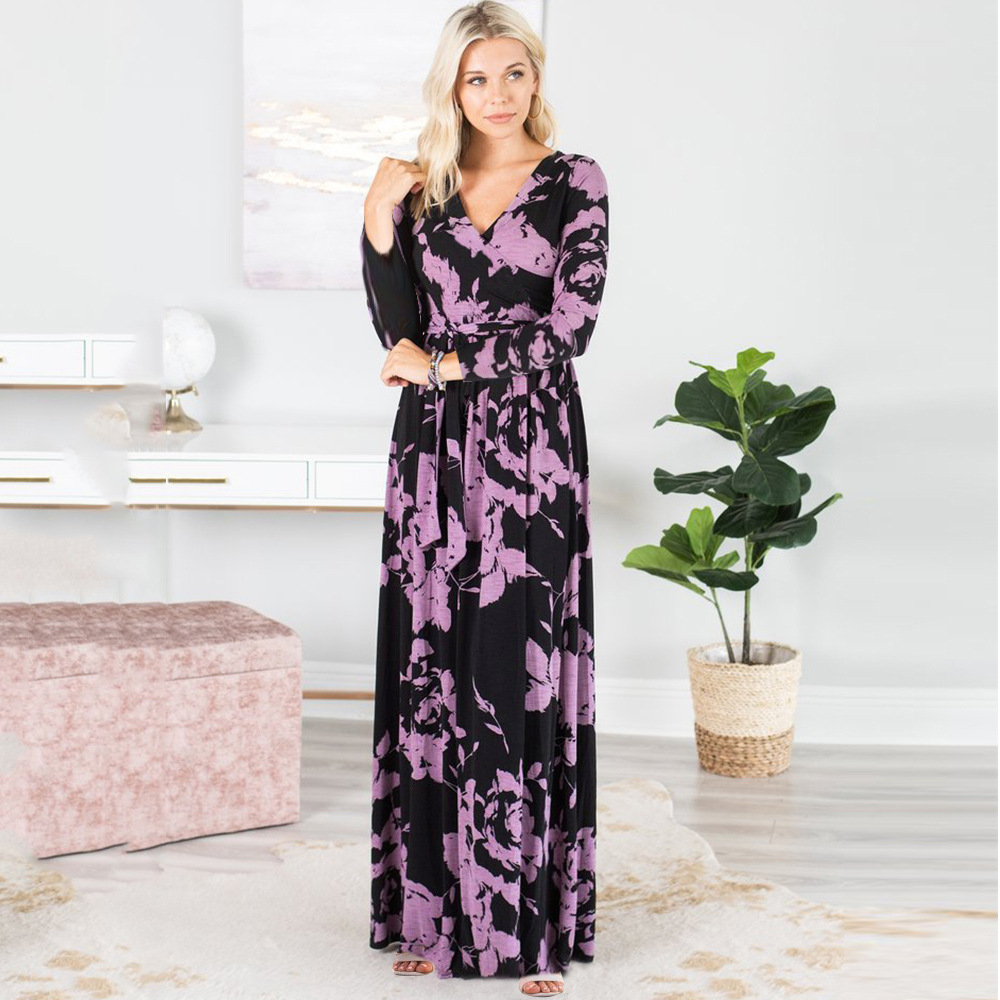 Spring Womens Long Dress V Neck Mid Waist Floral Print Long Sleeve Casual or Formal Wear Wholesale Available