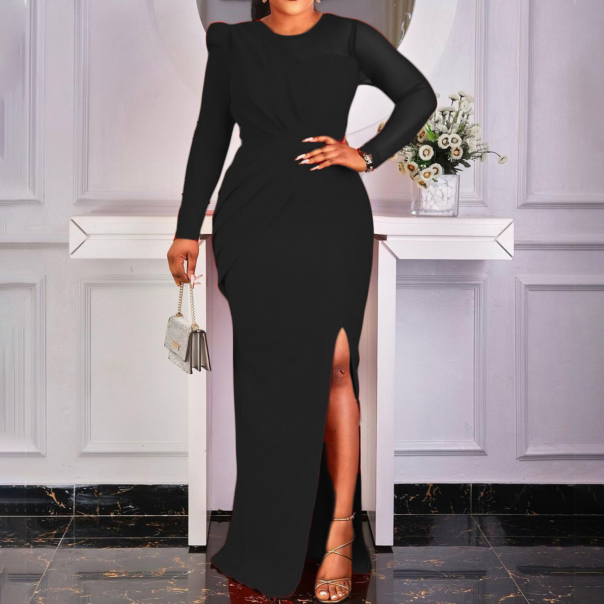 Plus Size Fashion Dress — Solid Color, Mesh Splicing, Elegant Split Design — Evening Wear, Party Dress — Wholesale Supply