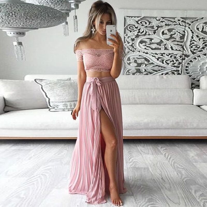 Womens Two Piece Set Solid Color Dress with Lace Skirt Elegant Casual Wear for Parties Wholesale Available
