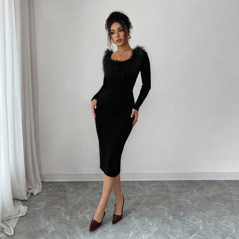 Black Plush Collar Long Dress for Women Slim Fit Side Slit Elegant Design Perfect for Autumn and Winter Evening
