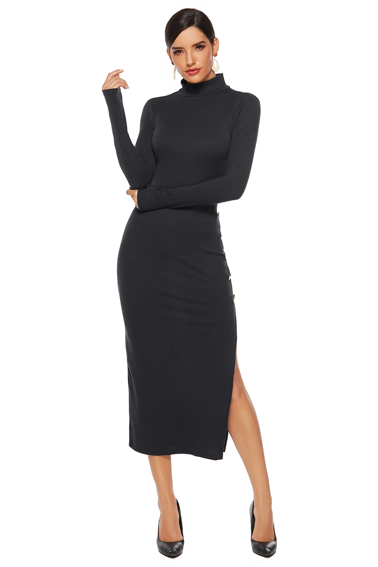 Knit Sweater Dress Solid Color Side Slit Long Sleeve Slim Fit Stretch Fabric Autumn Winter Casual Wear