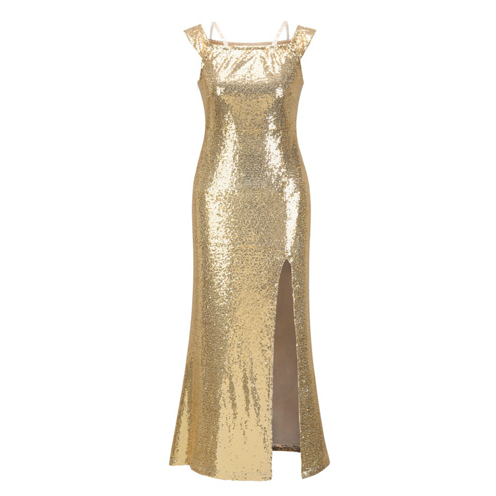 Off Shoulder Sequin Dress Elegant Solid Color Sleeveless Evening Gown Perfect for Parties and Special Occasions
