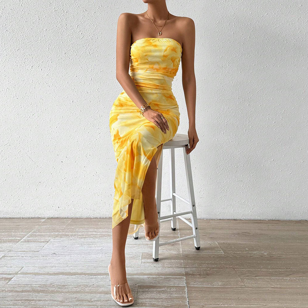Mesh Printed Dress High Waist Slim Fit Split Strapless Bodycon Dress