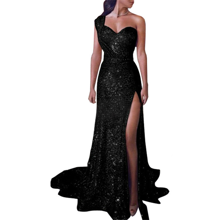 Elegant One Shoulder Sleeveless Dress Gold Foil Detail High Slit Long Length Perfect for Evening Events Wholesale