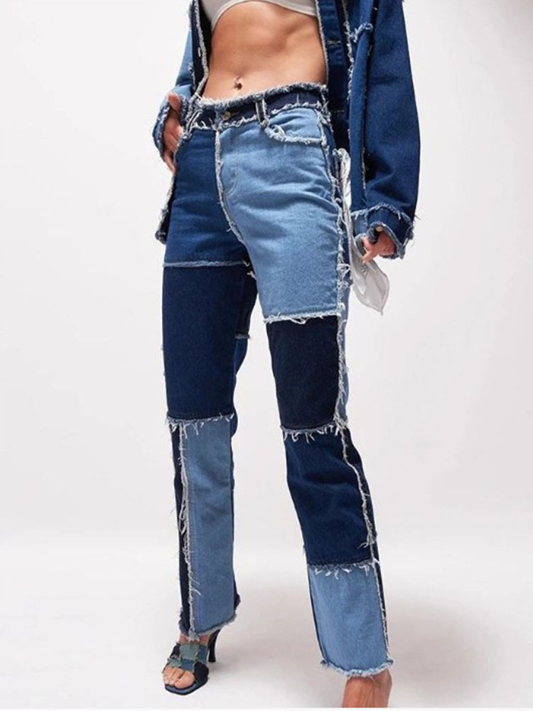 High Waisted Color Block Denim Jeans for Women Stylish Design Comfortable Fit Versatile for Casual Wear Wholesale